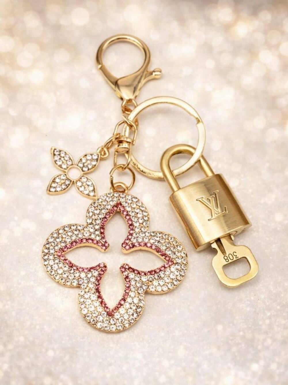 LV Authentic Gold Padlock 🔒 Key Set w/ Unbranded Pink Floral Clover Keychain